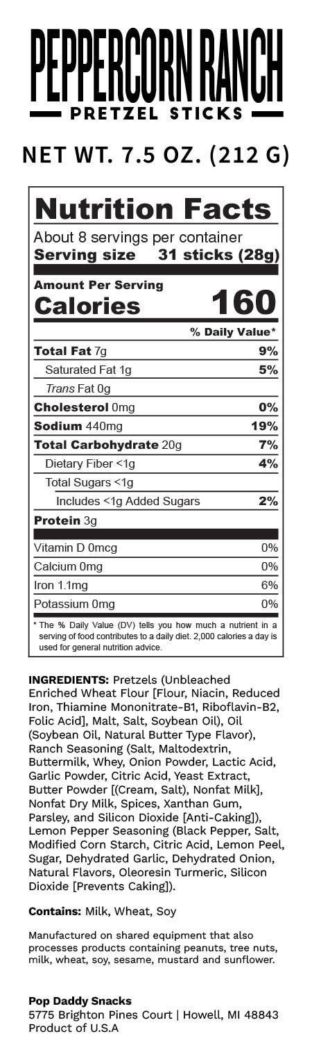 Pop Daddy Snacks - Pop Daddy – Peppercorn Ranch Seasoned Pretzels 7.5oz