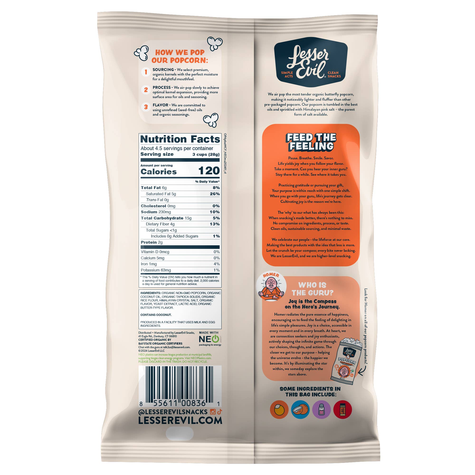 LesserEvil - Organic Popcorn, White Cheddar Flavor 4.6 oz