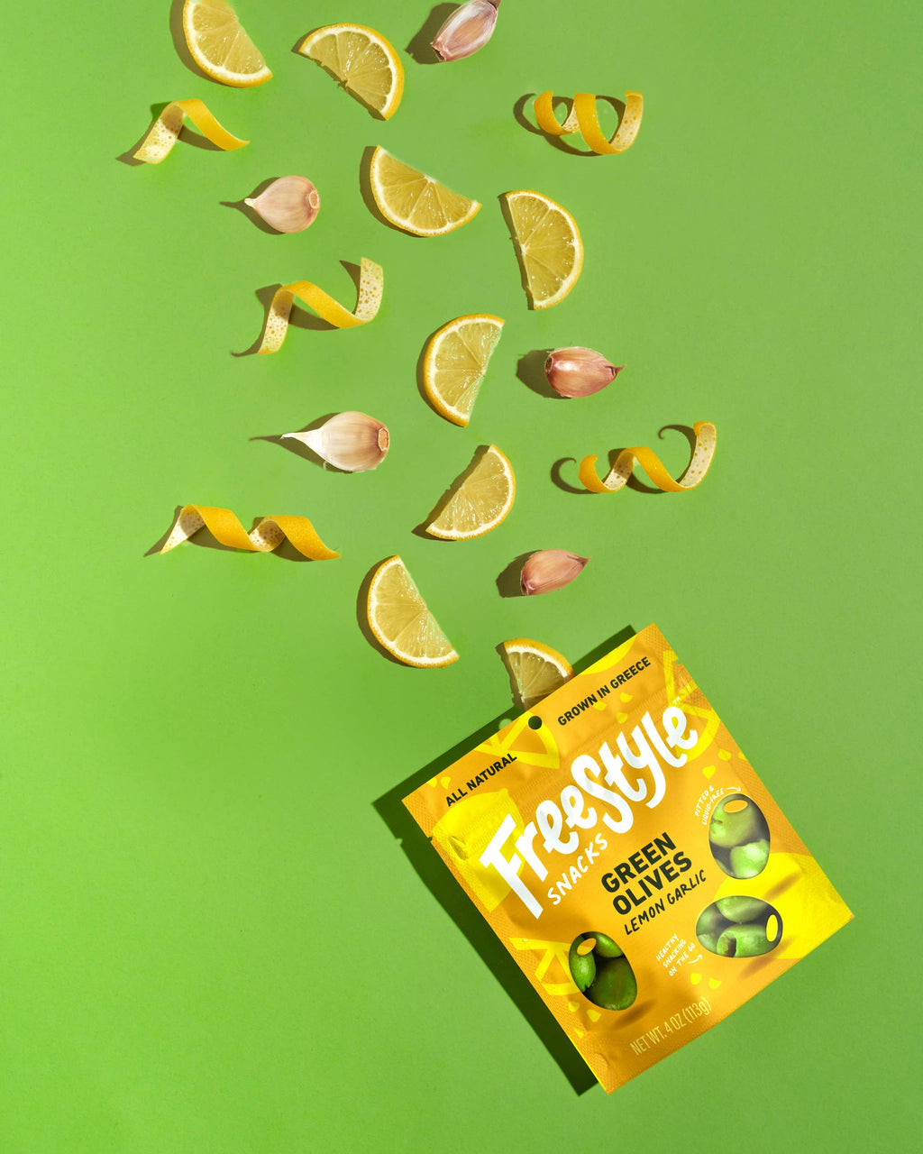 Lemon Garlic Green Olives 4oz - Freestyle Snacks