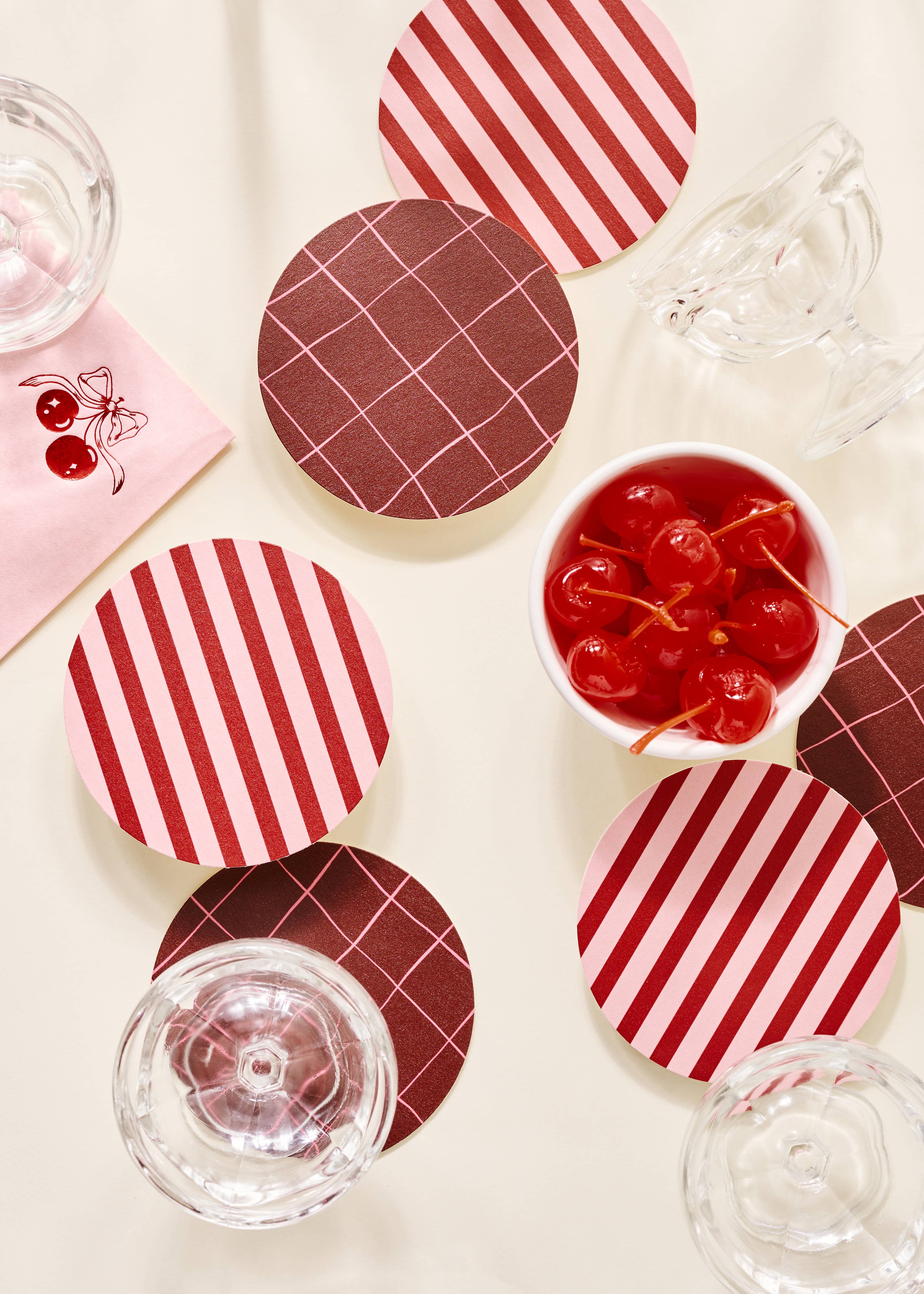 One & Only Paper - Pink and Maroon Striped Coaster - Set of 4